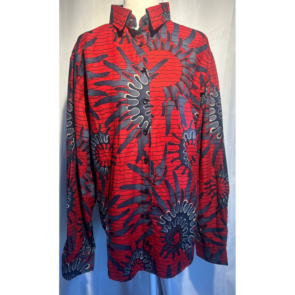 African Wax Print Button Down Shirt bohemian mosaic, tribal Geo, women XL. A24.